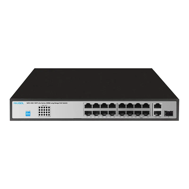 Switch PoE+ Fast Ethernet de 16 puertos con enlaces de subida Gigabit
