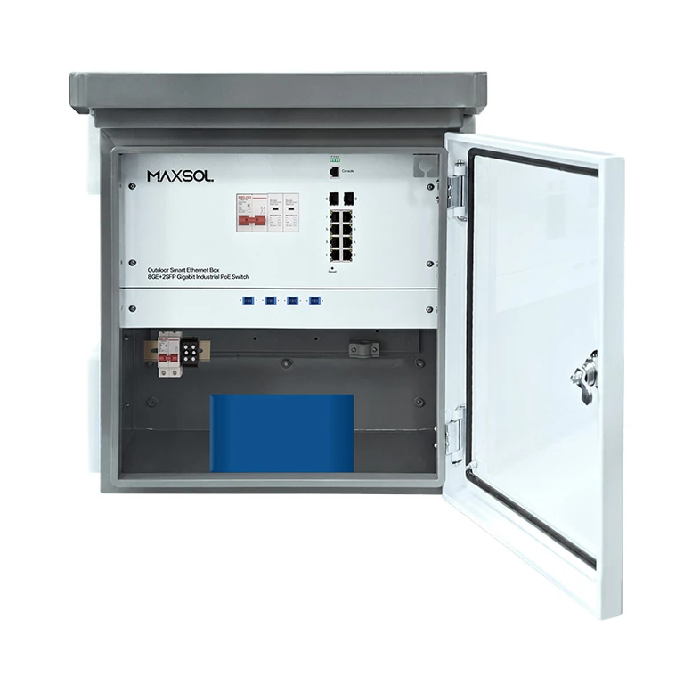 Gabinete industrial para exteriores con switch PoE 8GE+2GF administrable y batería de 288Wh